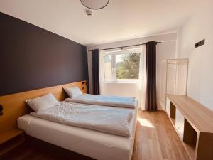 a bedroom with a bed and a window at NORDIC Apartamente Păltiniș in Păltiniş