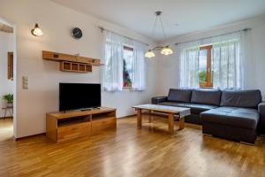 ein Wohnzimmer mit einem Sofa und einem TV in der Unterkunft Drei-mädelhaus Ambs Wohnung 2 