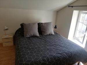 una camera con letto blu e 2 cuscini di La petite maison a Matha