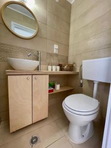 bagno con servizi igienici, lavandino e specchio di ilianas place ad Ágios Matthaíos