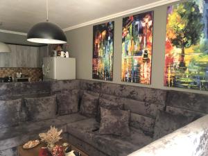 a living room with a couch and some paintings at Cozzy hideaway in Durrës in Durrës