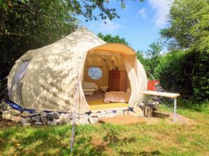 牛頓阿伯特的住宿－South Devon Luna Bell Tent，田野里的一个帐篷,里面有一个床
