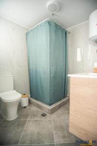 y baño con cortina de ducha y aseo. en Explore Greece from City Centre Apartment, en Chalkida