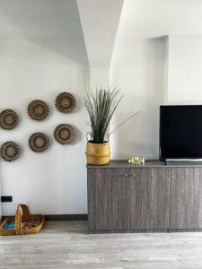 ein Wohnzimmer mit einem TV und einer Topfpflanze in der Unterkunft NIEUW: Bello Horizonte, house by the sea in Torremolinos