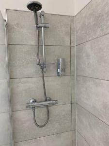 a shower with a shower head in a bathroom at Platform Church View Apartment Hull in Hedon