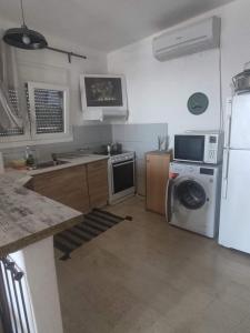 una cucina con frigorifero e lavatrice di Alex apartments relax a Agia Marina Mikrolimanou