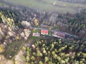 una vista aerea di un treno che attraversa una foresta di Dobrá Voda u Záblatí - lesní areál 