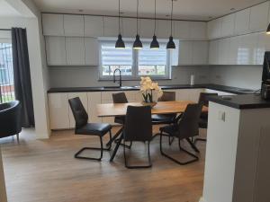 een keuken en eetkamer met een tafel en stoelen bij ADAM Gästehaus in Sülzetal