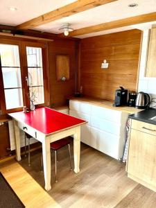Chalet Sonnenheim, Wohnung mit Panoramafenster في ادلبودن: مطبخ مع طاولة حمراء في الغرفة