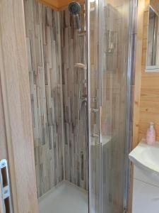 um chuveiro com uma porta de vidro na casa de banho em Mobile Tinyhouse by Wolfsberger 