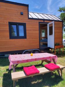 una mesa de picnic frente a una casita en Mobile Tinyhouse 2 by Wolfsberger, 
