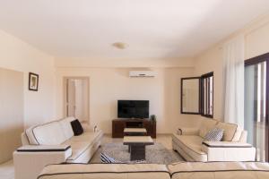 a living room with two couches and a tv at Phaedrus Living: Luxury Villa Erimi in Erimi