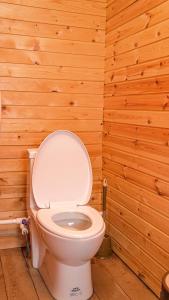 a bathroom with a toilet in a wooden wall at Nature Door Resort, Khuvsgul province, Mongolia 