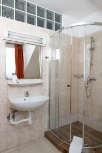 a bathroom with a sink and a shower at Liszt Apartman in Pécs