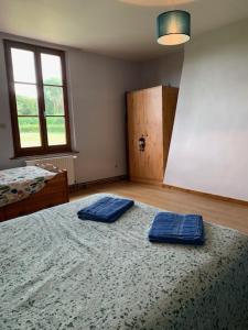 una camera con 2 cuscini blu su un letto di Chambres d'hôtes a Beaubec-la-Rosière