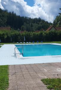 a large blue swimming pool with chairs in a yard at Villa Gejzir 34 in Karlovy Vary