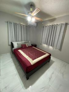 sypialnia z łóżkiem i wentylatorem sufitowym w obiekcie Cozy 2 bedroom Townhouse in gated community, KGN8 Newly installed solar hot water system w mieście Kingston