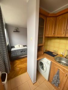 una pequeña cocina con fregadero y lavadora en Night Host Matejki 4, en Bytom
