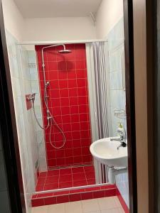 a bathroom with a red shower and a sink at Ubytko v Průhonu in Velhartice