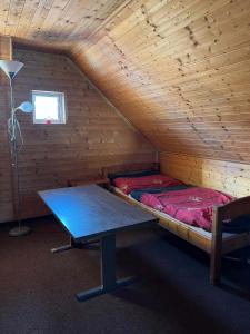 una habitación con una mesa y una cama en una cabaña en Ubytko v Průhonu en Velhartice