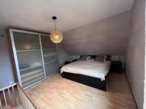 1 dormitorio con 1 cama y luz colgante en Appartement Stotzheim La Romaine, en Stotzheim