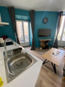 een keuken met een roestvrijstalen wastafel in een kamer bij Résidence le Marcadieu in Tarbes