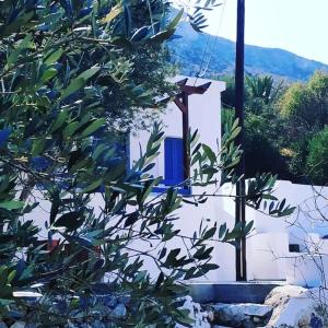 a white building with a blue door and some trees at Το σπιτάκι to spitaki Τhe little house in Panormos Kalymnos