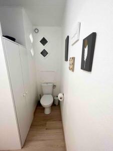 une petite salle de bains avec toilettes dans le couloir dans l'établissement Le Genevois - Parking gratuit, à Annemasse