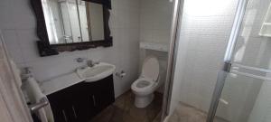 a bathroom with a toilet and a sink and a mirror at villa concha in Paipa