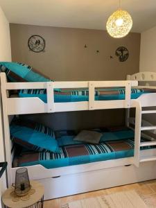 two bunk beds with blue pillows in a room at Gite de campagne rénové in Le Champ-Saint-Père