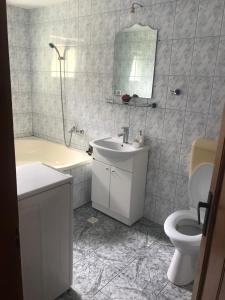 a bathroom with a sink and a toilet and a tub at Casa Lazar in Săcele