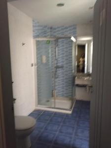 ein Bad mit einer Dusche, einem WC und einem Fenster in der Unterkunft A Parada do Camiño in Padrón