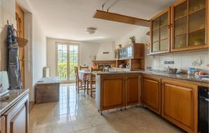 eine große Küche mit Holzschränken und einem Tisch in der Unterkunft 5 Bedroom Gorgeous Home In Podenzana in Podenzana