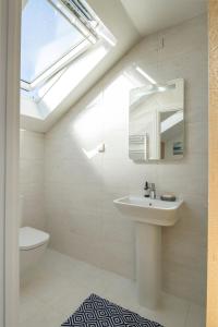ein Badezimmer mit einem Waschbecken, einem WC und einem Dachfenster in der Unterkunft Cedar Lodge in Carbis Bay + 21 Fotos