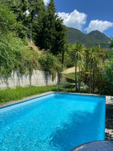 a blue swimming pool with palm trees and a mountain at Sete Fontes - Agarone Holiday Nest in Agarone