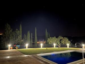 a night view of a yard with a swimming pool at Casa Rural Lomillas de Canca in Alora