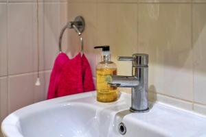 un lavandino in bagno con una bottiglia di sapone di Finest Retreats - Skylarks a Boscastle Altre 17 foto