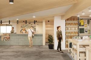 a rendering of a kitchen with two people standing in it at Field Station Joshua Tree in Yucca Valley