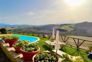 a swimming pool with plants in pots next to a fence at Podere Poggio Salto in Pienza