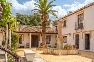 a palm tree in front of a house with a fountain at Cortijo Huerta Dorotea in Prado del Rey