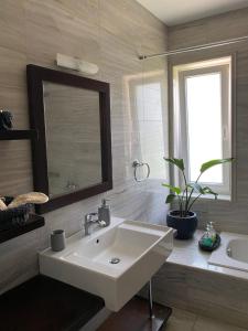 La salle de bains est pourvue d'un lavabo, d'un miroir et d'une plante. dans l'établissement la PADINI CASA sul mare, à Néoi Epivátai