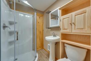 a bathroom with a shower and a toilet and a sink at Cozy Ellicottville Cabin with Water Views - Near Ski in Ellicottville