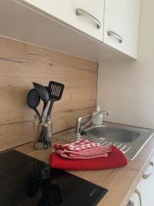 eine Küchentheke mit einem Waschbecken und einem roten Handtuch in der Unterkunft "Le Thalassa" Hyper Centre Rochefort in Rochefort