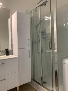 ein Bad mit einer Dusche und einer Glastür in der Unterkunft "Le Thalassa" Hyper Centre Rochefort in Rochefort
