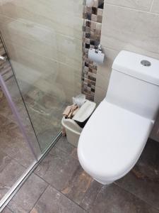 a bathroom with a toilet and a glass shower at Apartamento amoblado con excelente ubicación en Pasto in Pasto