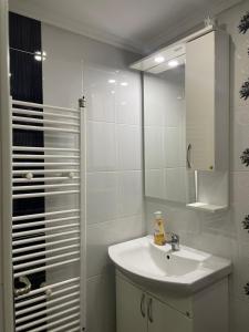 La salle de bains blanche est pourvue d'un lavabo et d'un miroir. dans l'établissement Paradise, à Brčko
