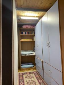 einen begehbaren Kleiderschrank mit weißen Schränken und einem Teppich in der Unterkunft Paradise in Brčko