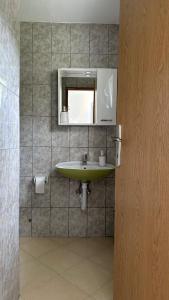een badkamer met een groene wastafel en een spiegel bij B&B Hills Bihać in Bihać