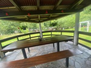 una mesa de picnic bajo un techo en un patio en Cabana Briana, en Borşa