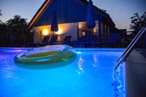 uma piscina com um barco na água em Déjà Blue - ADULT ONLY em Sfântu Gheorghe